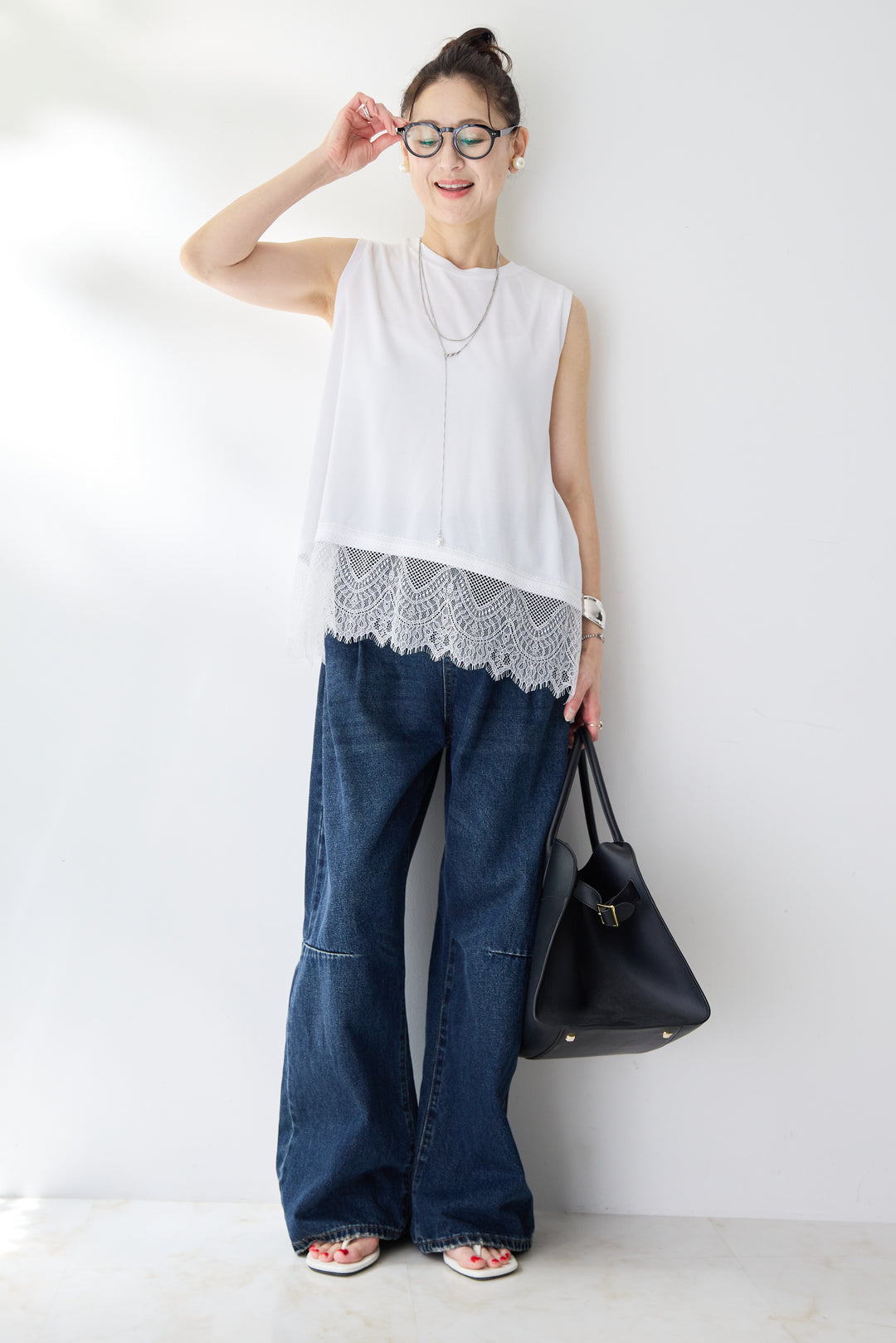 [SET]裾レースノースリーブトップス+カーブデニムパンツ(2set)