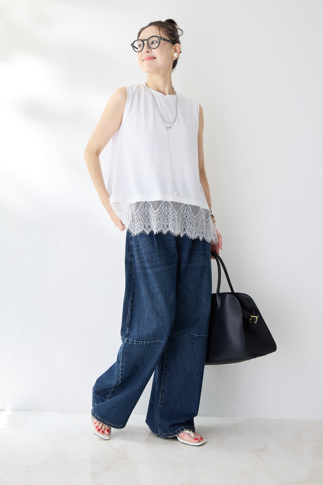 [SET]裾レースノースリーブトップス+カーブデニムパンツ(2set)