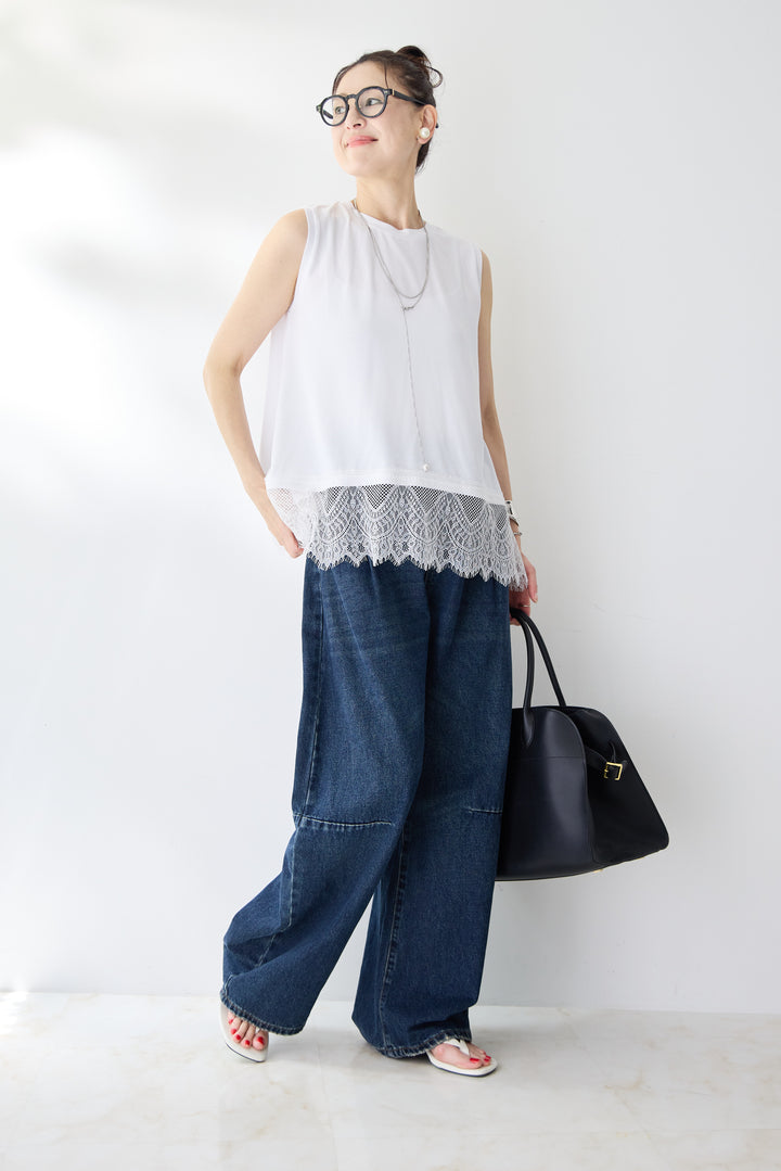 [SET]裾レースノースリーブトップス+カーブデニムパンツ(2set)