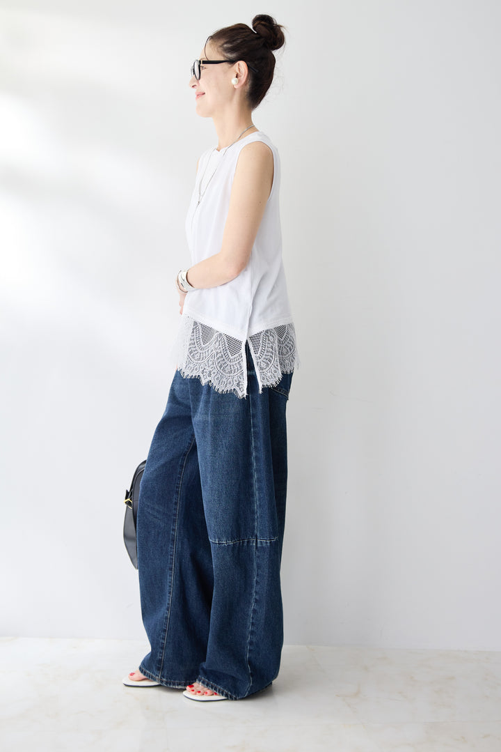 [SET]裾レースノースリーブトップス+カーブデニムパンツ(2set)