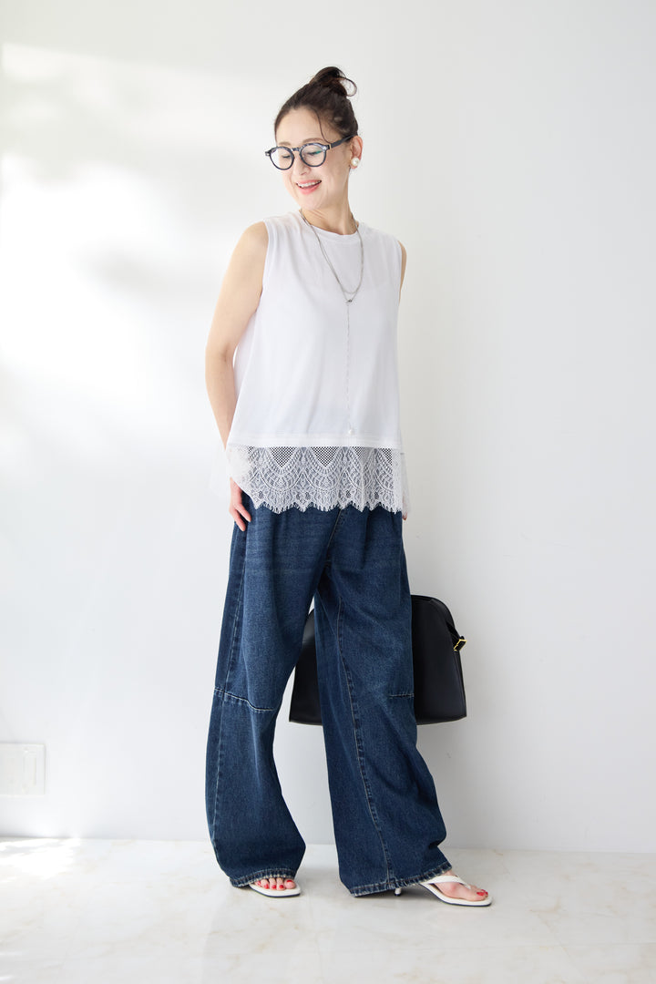 [SET]裾レースノースリーブトップス+カーブデニムパンツ(2set)