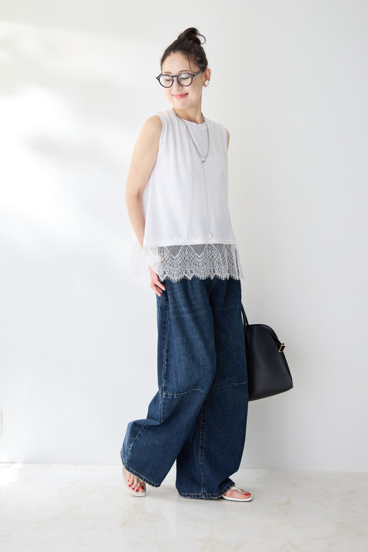 [SET]裾レースノースリーブトップス+カーブデニムパンツ(2set)