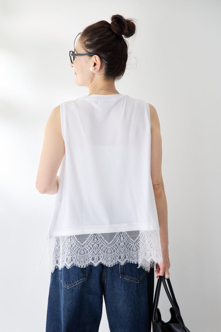 [SET]裾レースノースリーブトップス+カーブデニムパンツ(2set)