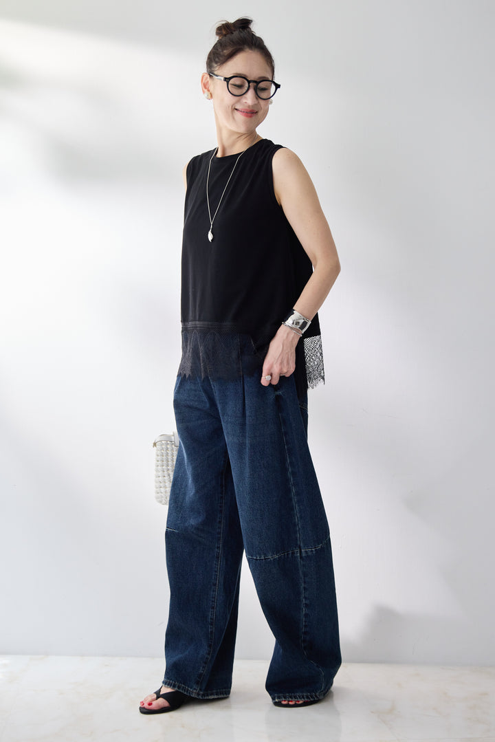[SET]裾レースノースリーブトップス+カーブデニムパンツ(2set)