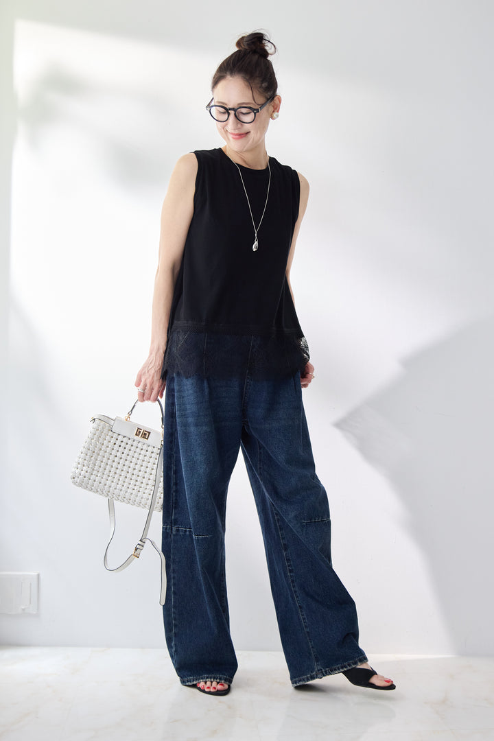 [SET]裾レースノースリーブトップス+カーブデニムパンツ(2set)