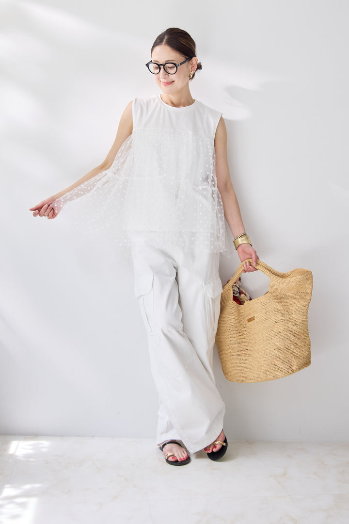[SET]ドットチュールレイヤードトップス+コクーンカーゴパンツ(2set)