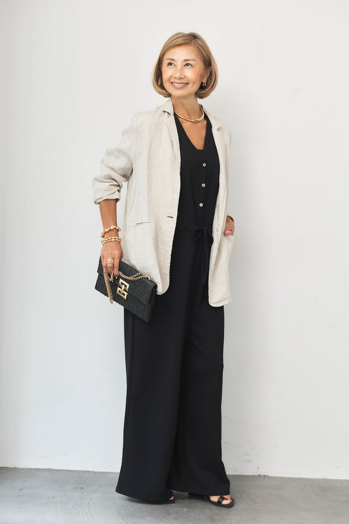 [SET]Vネックノースリーブオールインワン+リネンテーラージャケット(2set)
