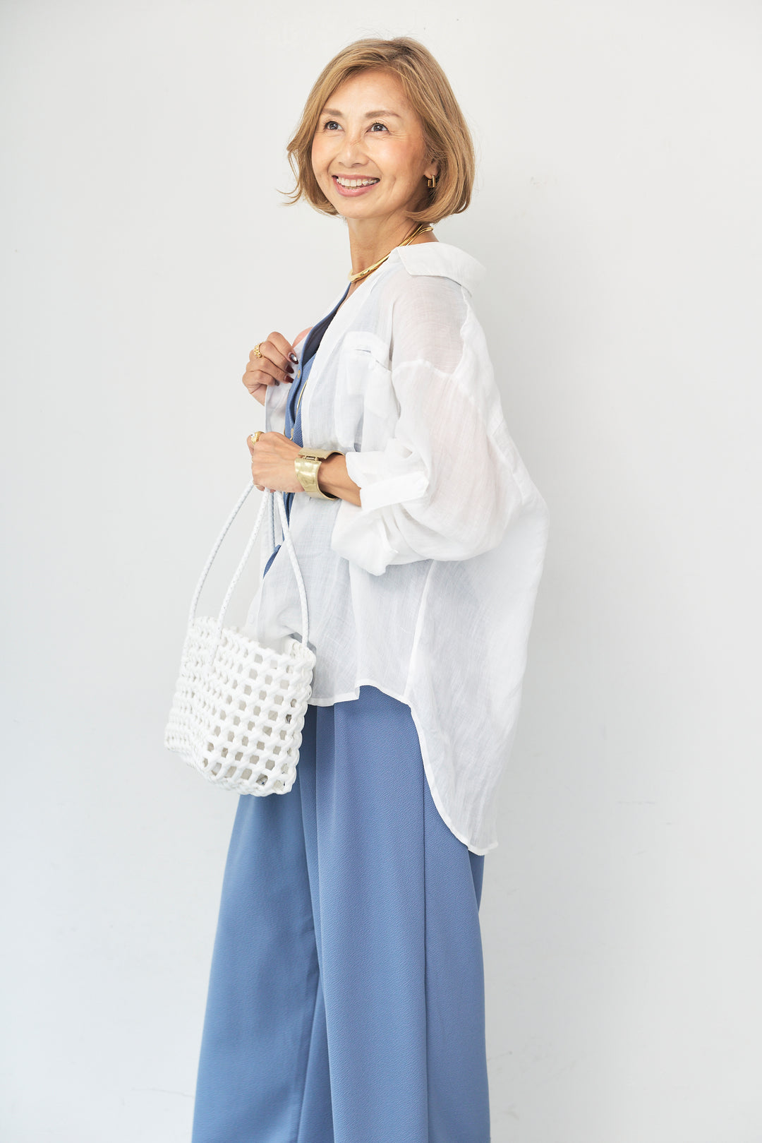 [SET]Vネックノースリーブオールインワン+リネンスキッパーシャツ(2set)