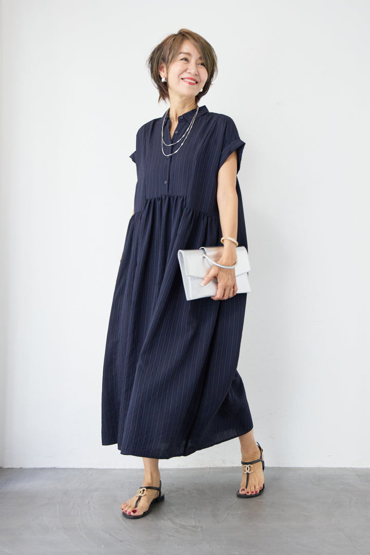 ピンストライプ ギャザーシャツワンピース