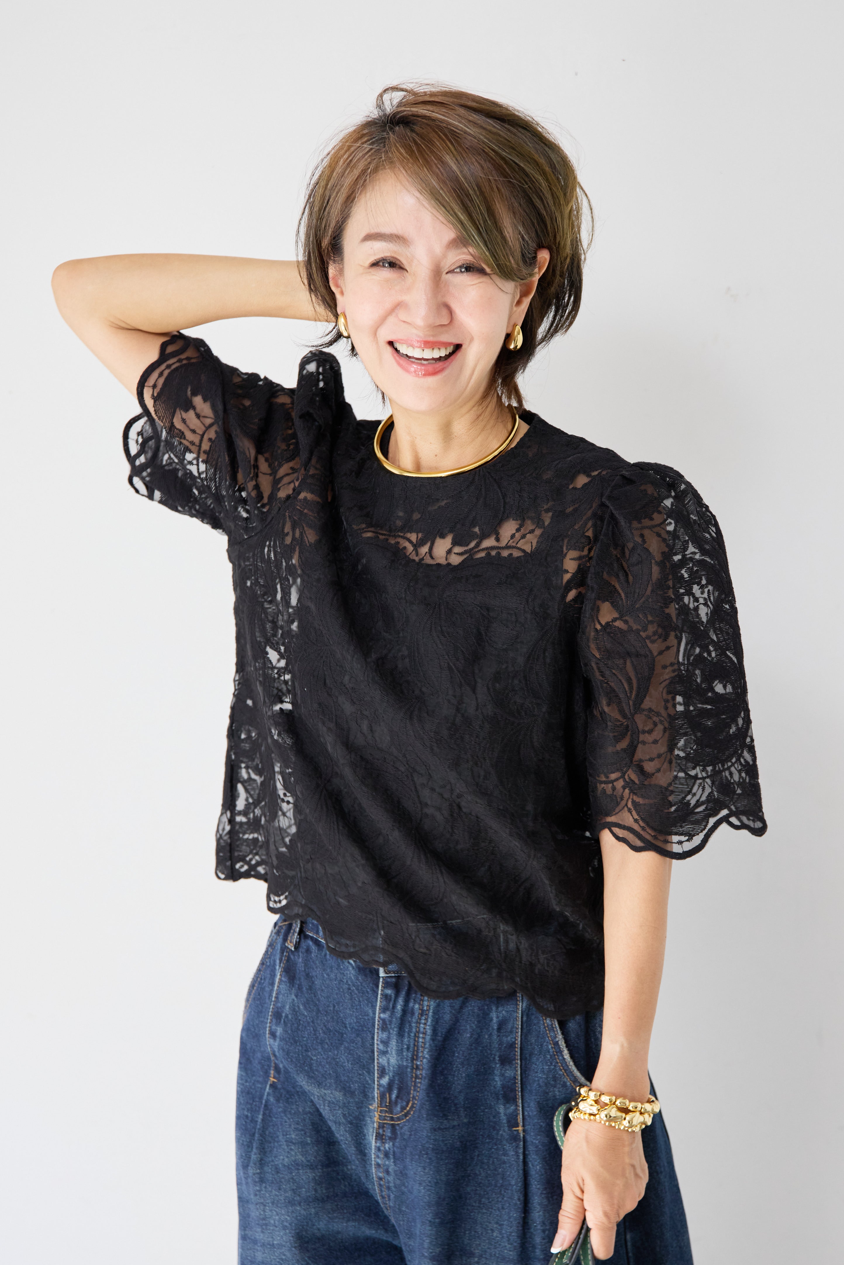 SET]パフスリーブ総レースブラウス キャミソール付き+カーブデニム