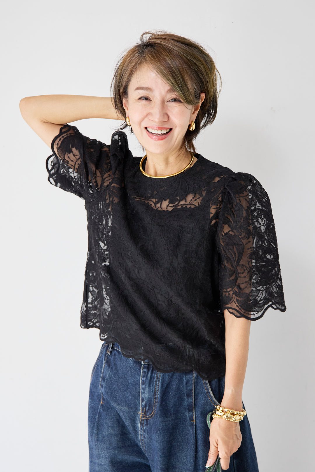 パフスリーブ総レースブラウス キャミソール付き