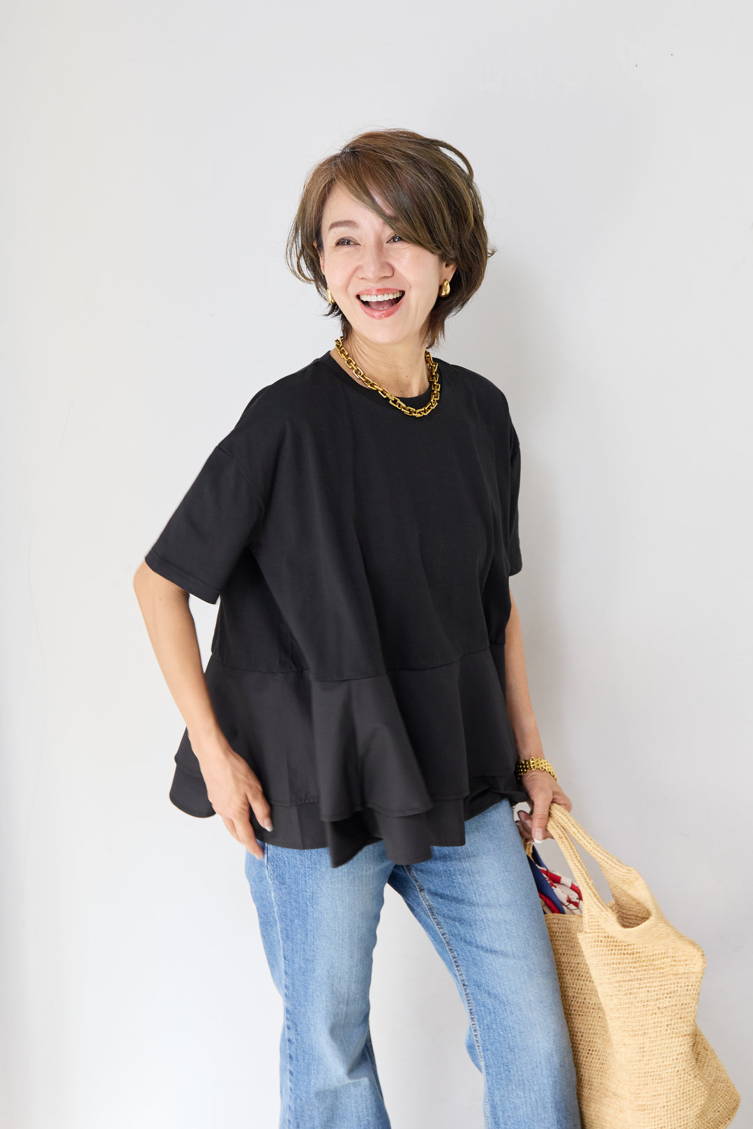 【UVカット・接触冷感】異素材切替ぺプラムカットソー
