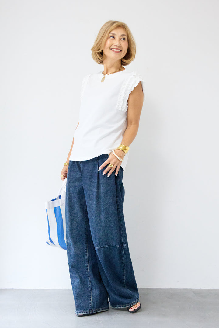 [SET]フリル袖ノースリーブプルオーバー+カーブデニムパンツ(2set)
