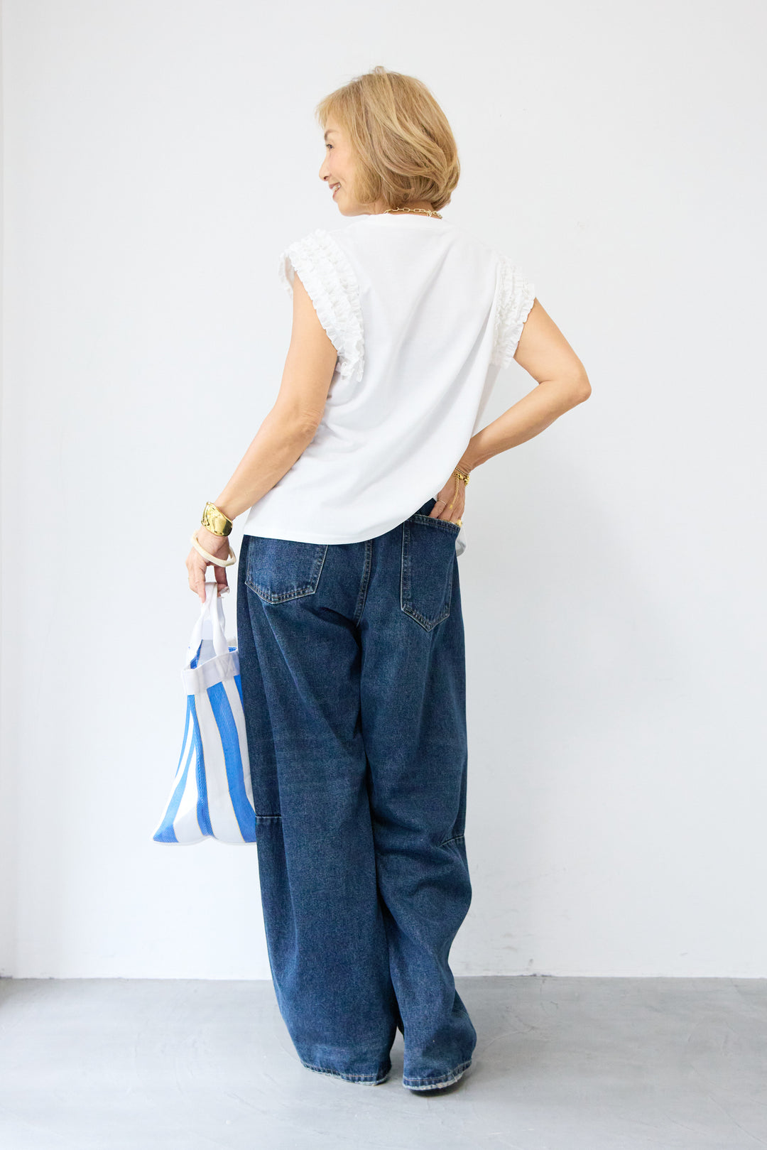 [SET]フリル袖ノースリーブプルオーバー+カーブデニムパンツ(2set)