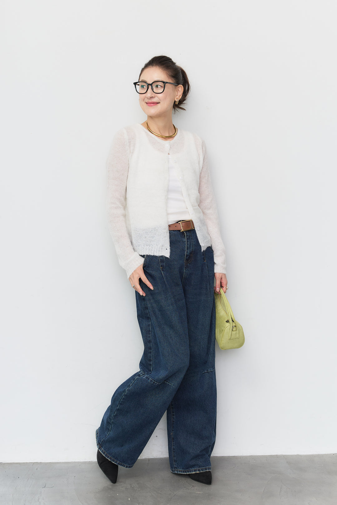 [SET]シアーモヘア カーディガン+カーブデニムパンツ(2set)