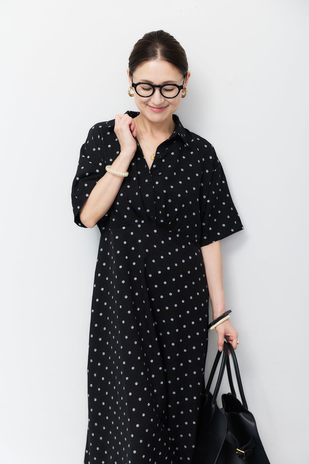 ドット柄シャツワンピース