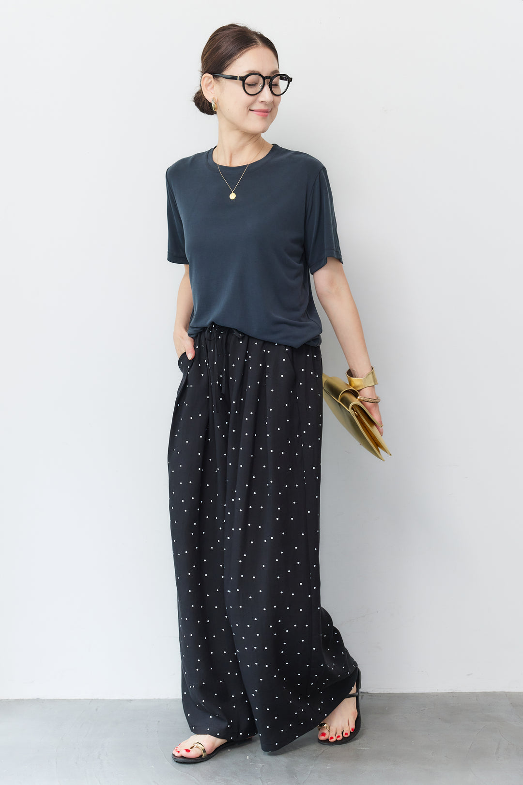 [SET]クルーネック スムースTシャツ+ドット柄ワイドパンツ(2set)