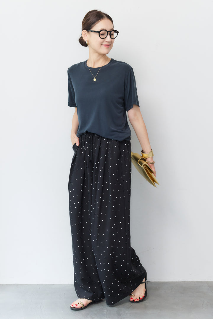 [SET]クルーネック スムースTシャツ+ドット柄ワイドパンツ(2set)