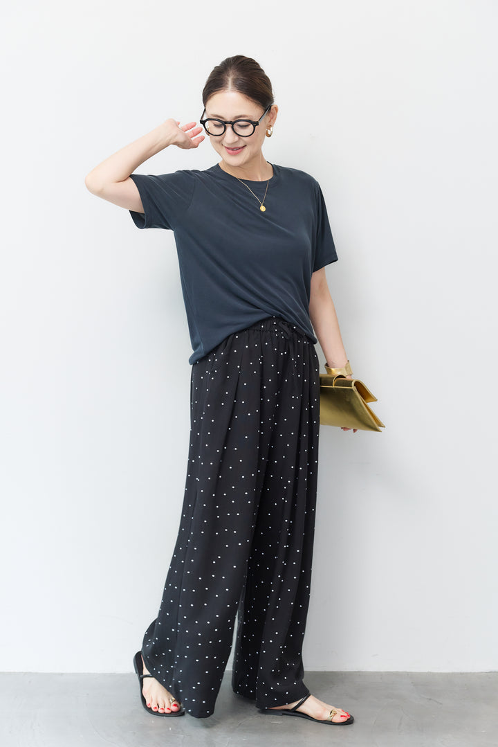 [SET]クルーネック スムースTシャツ+ドット柄ワイドパンツ(2set)