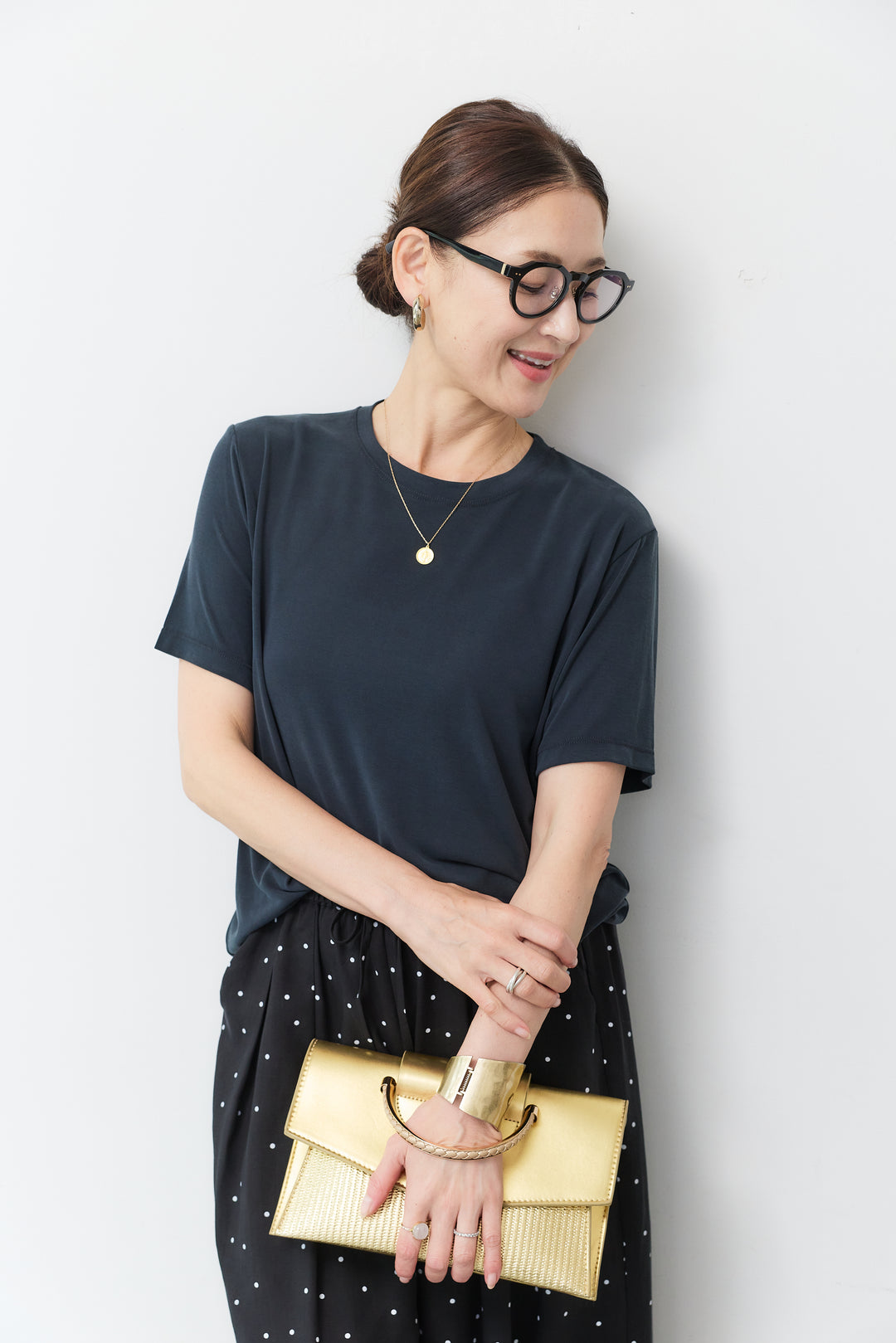 [SET]クルーネック スムースTシャツ+ドット柄ワイドパンツ(2set)