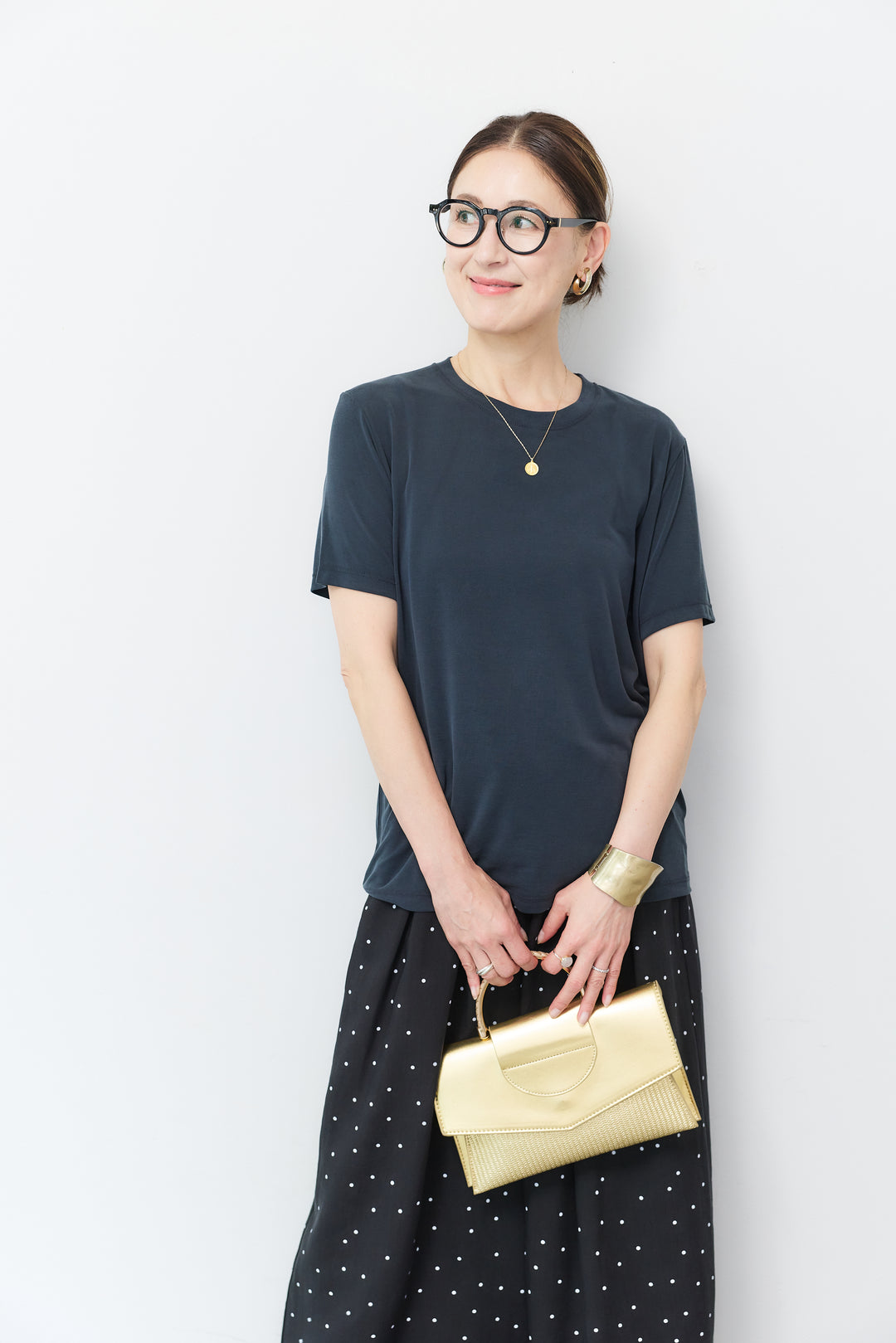 [SET]クルーネック スムースTシャツ+ドット柄ワイドパンツ(2set)