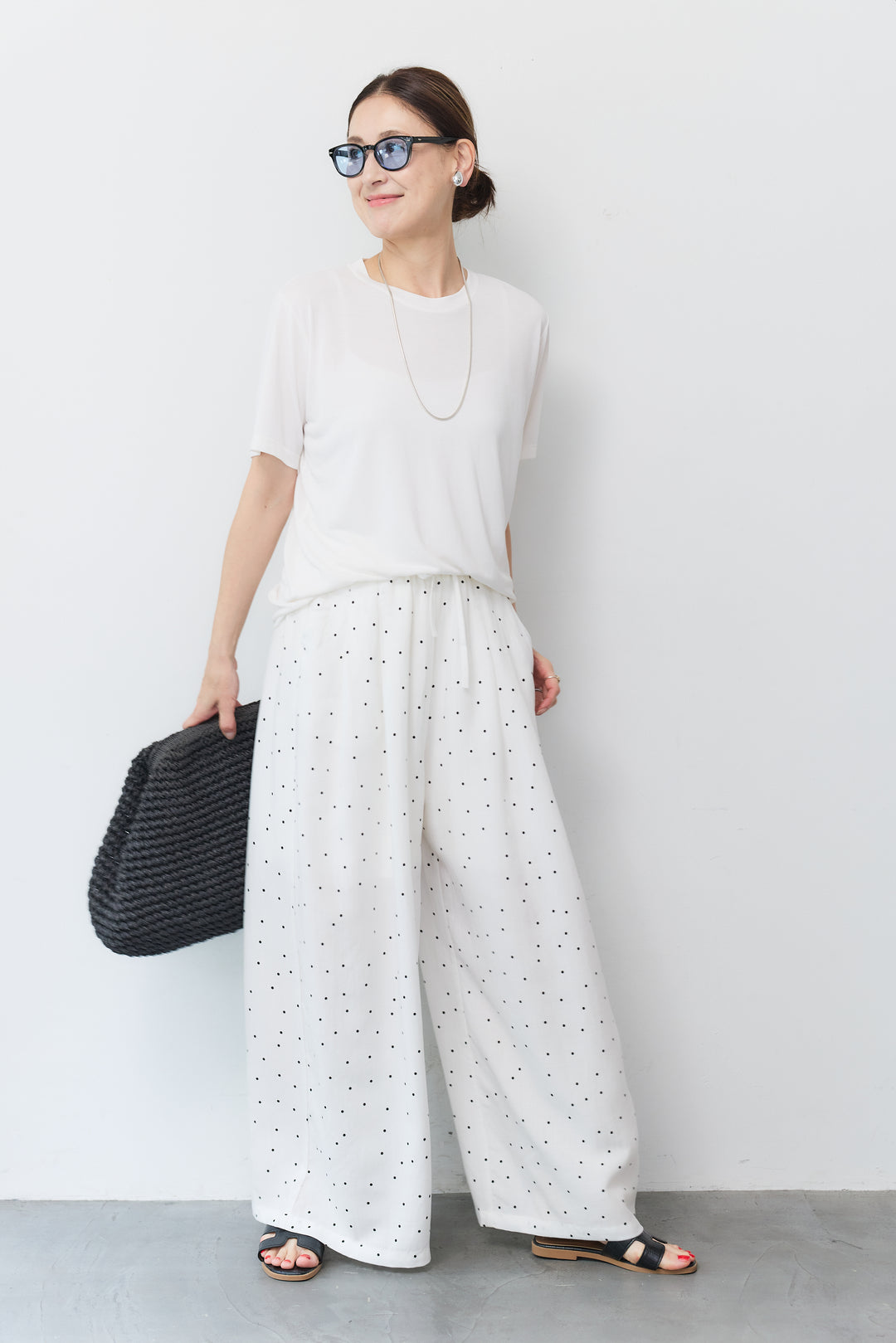 [SET]クルーネック スムースTシャツ+ドット柄ワイドパンツ(2set)