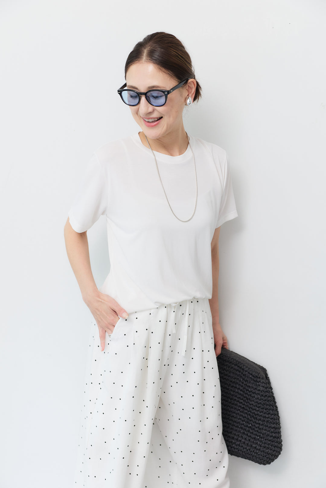 [SET]クルーネック スムースTシャツ+ドット柄ワイドパンツ(2set)
