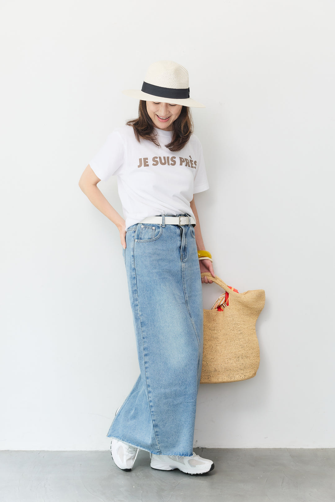 [SET]JESUISPRESフロッキーロゴT+スリットロングデニムスカート(2set)