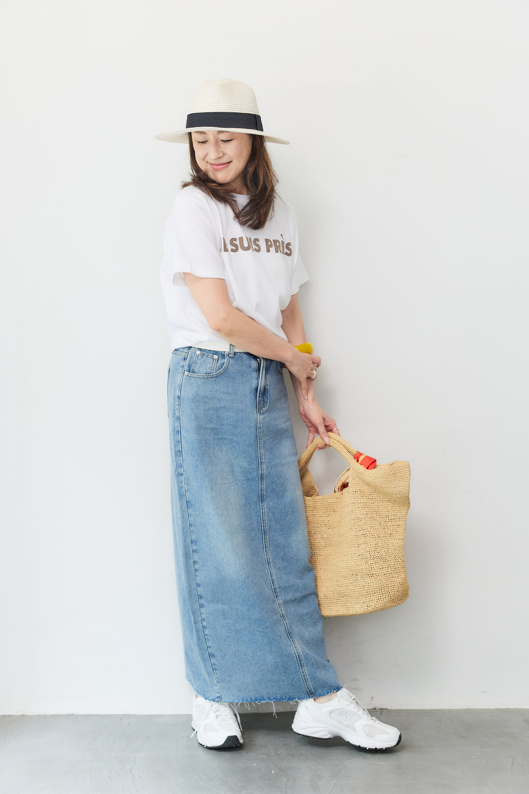 [SET]JESUISPRESフロッキーロゴT+スリットロングデニムスカート(2set)
