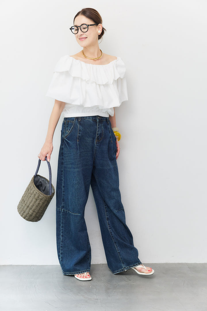 [SET]2WAYラッフルボリュームトップス+カーブデニムパンツ(2set)
