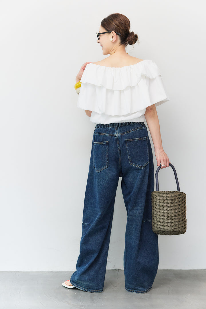[SET]2WAYラッフルボリュームトップス+カーブデニムパンツ(2set)