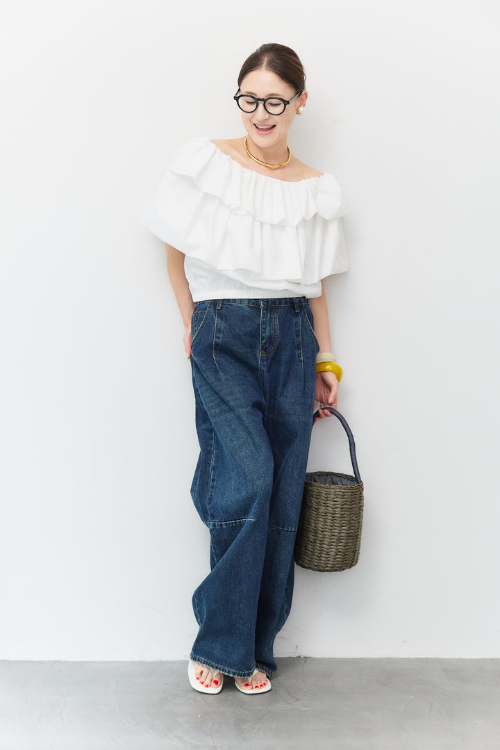[SET]2WAYラッフルボリュームトップス+カーブデニムパンツ(2set)