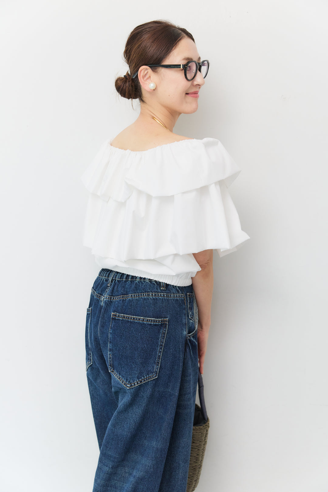 [SET]2WAYラッフルボリュームトップス+カーブデニムパンツ(2set)