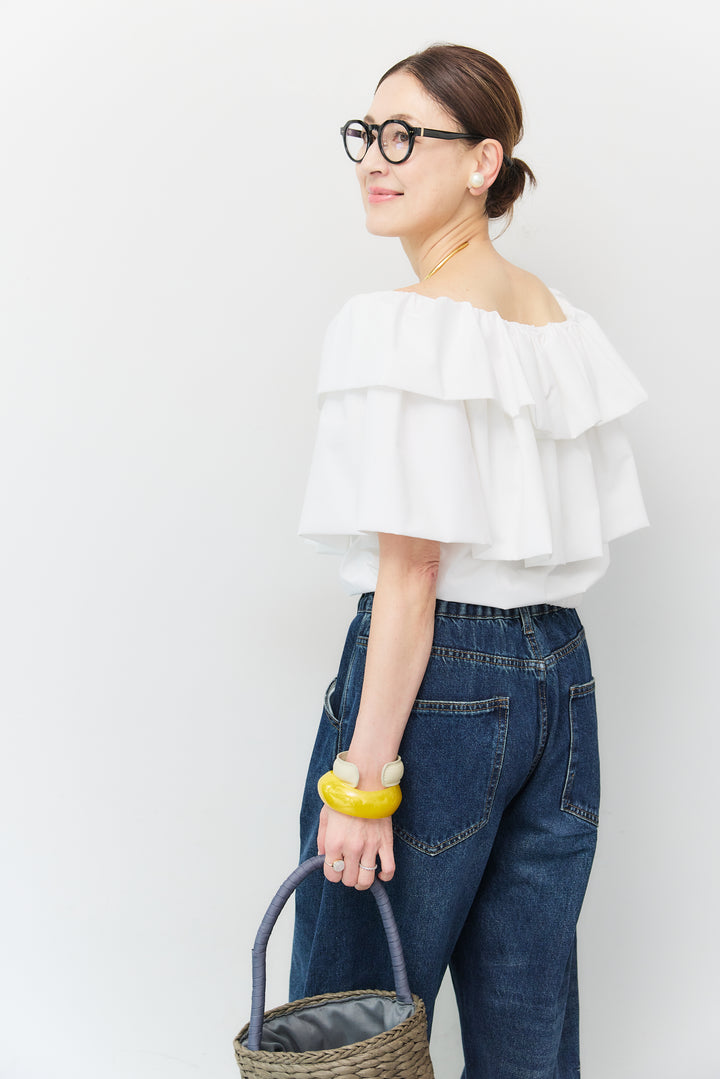 [SET]2WAYラッフルボリュームトップス+カーブデニムパンツ(2set)