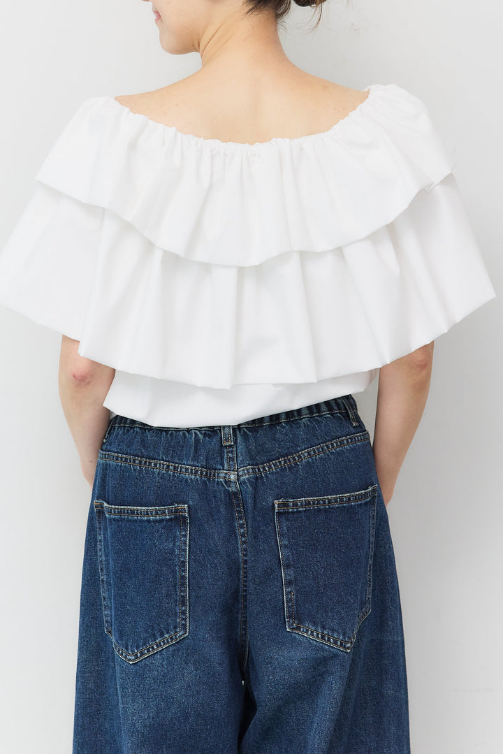 [SET]2WAYラッフルボリュームトップス+カーブデニムパンツ(2set)