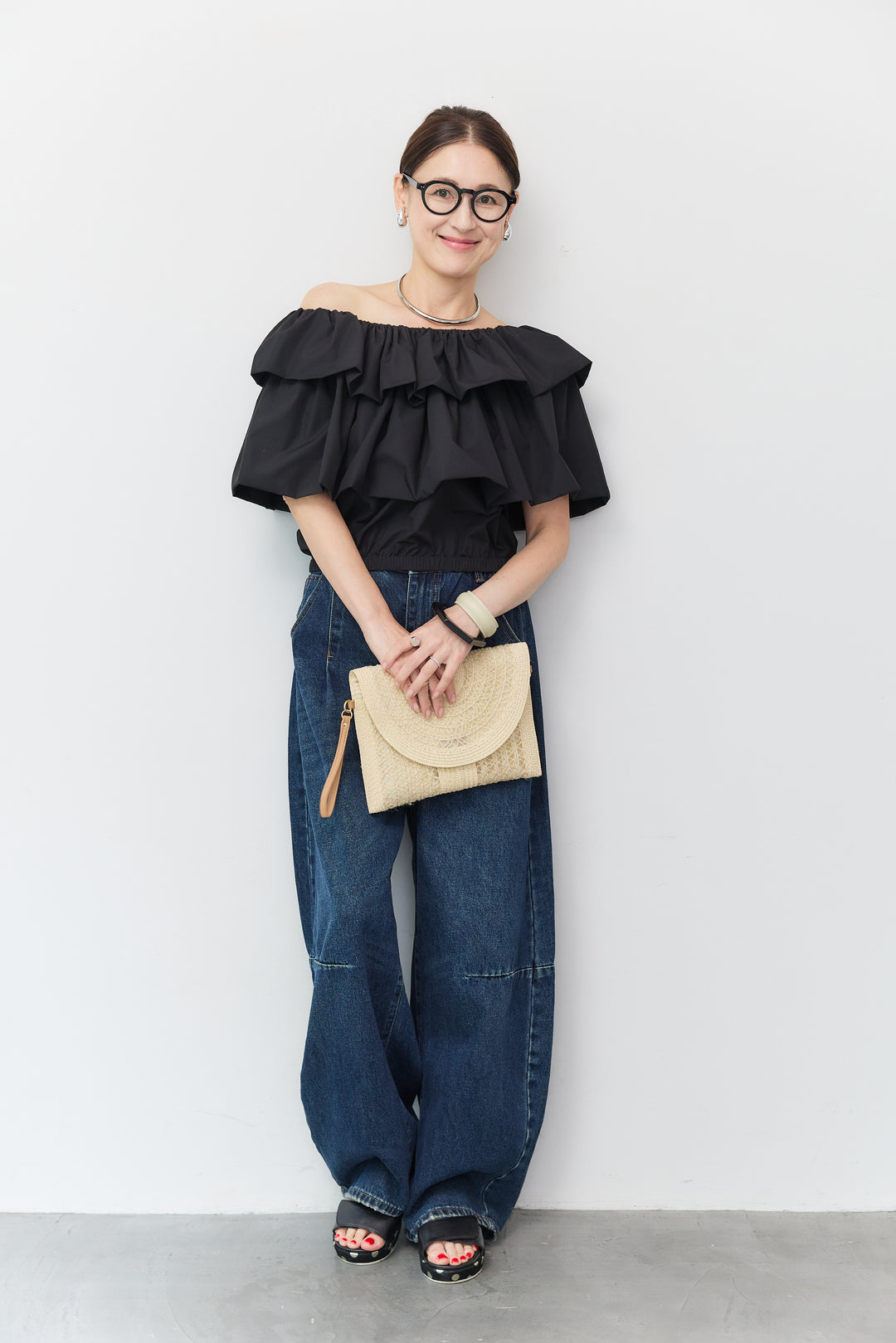 [SET]2WAYラッフルボリュームトップス+カーブデニムパンツ(2set)
