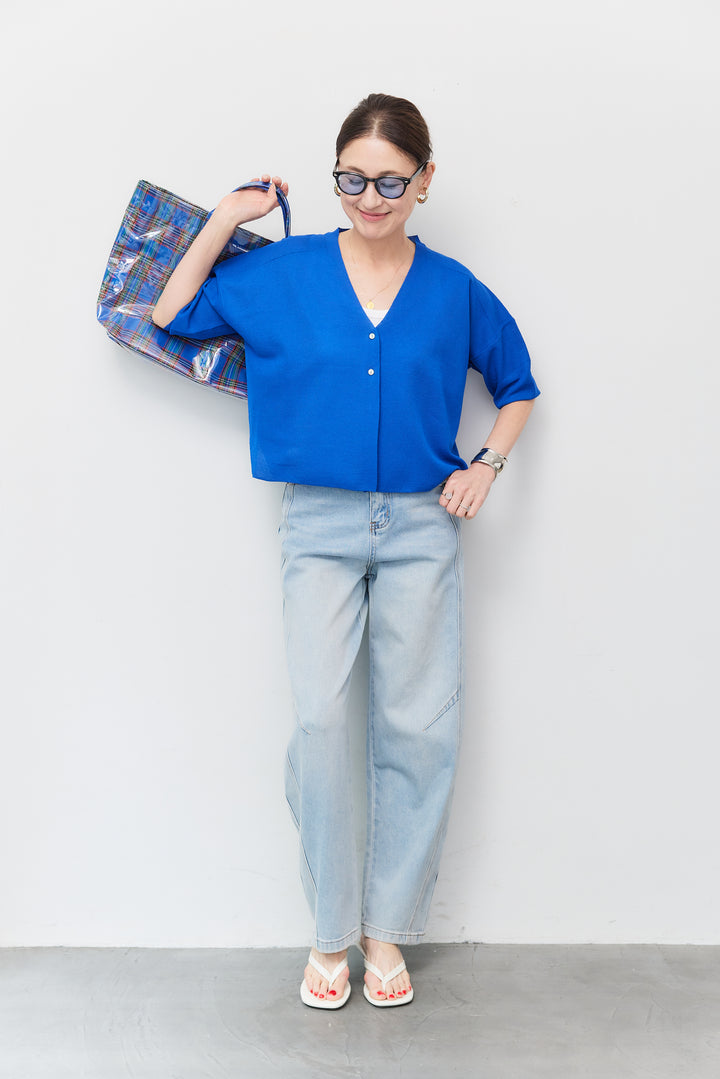 [SET]ウォッシャブルサラッとカーディガン+バレルラインデニムパンツ(2set)