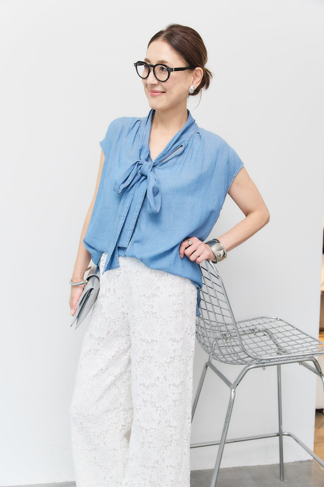 [SET]コットンボイルデニムボウタイブラウス+レースストレートパンツ(2set)