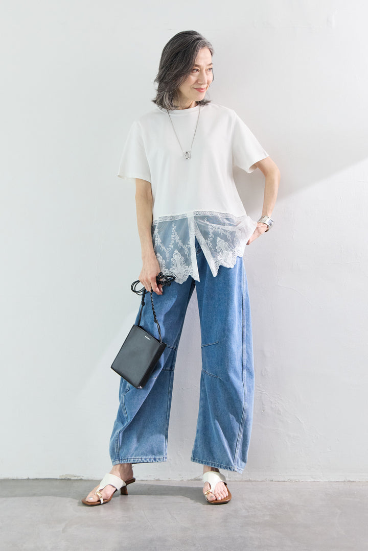 [SET]裾レース切替チュニック丈Tシャツ+パネル切替 カーブデニムパンツ(2set)