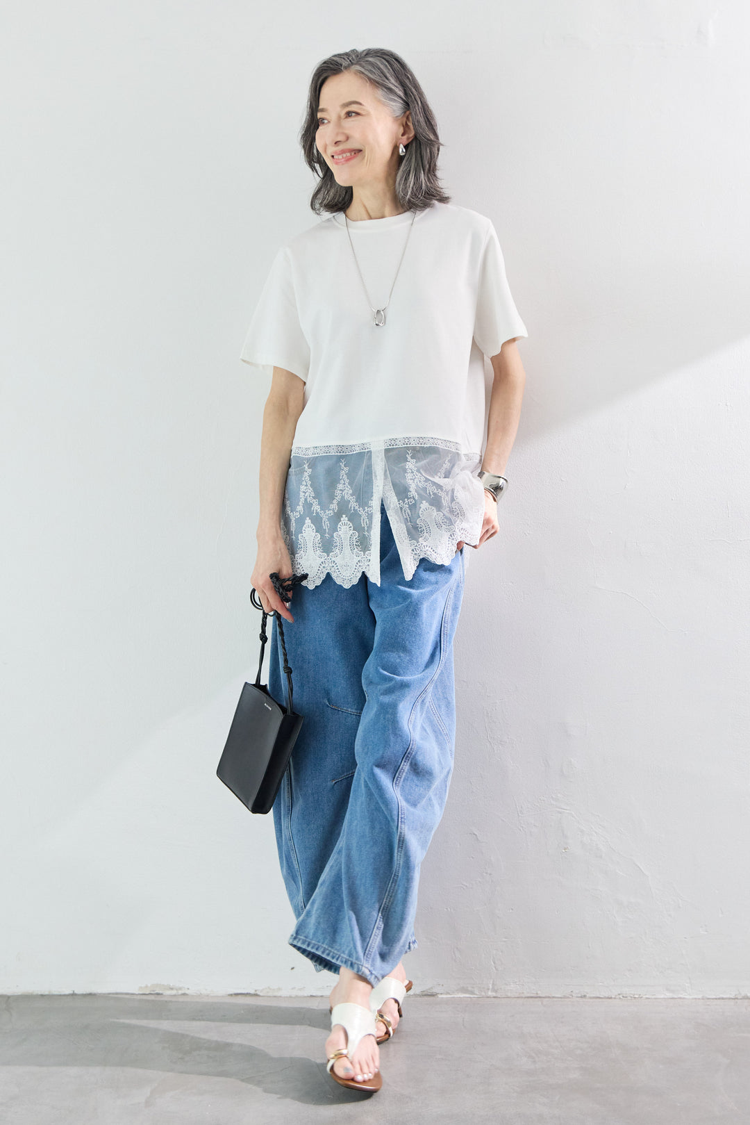 [SET]裾レース切替チュニック丈Tシャツ+パネル切替 カーブデニムパンツ(2set)