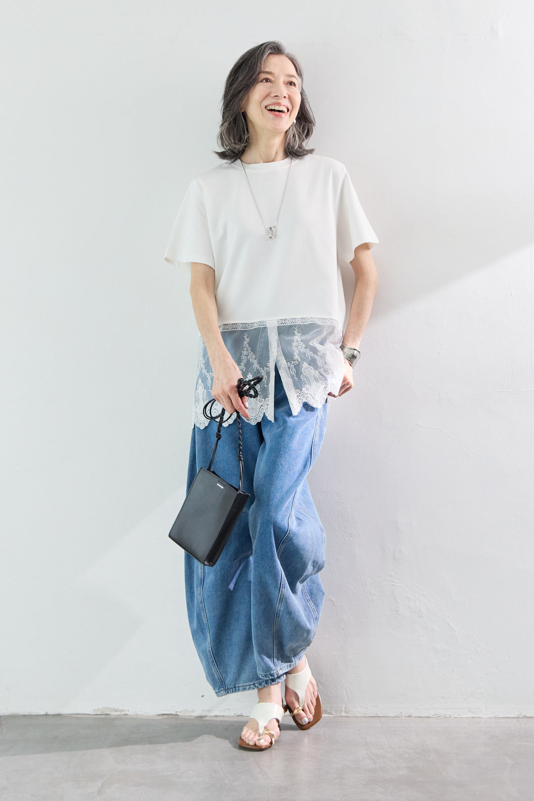 [SET]裾レース切替チュニック丈Tシャツ+パネル切替 カーブデニムパンツ(2set)