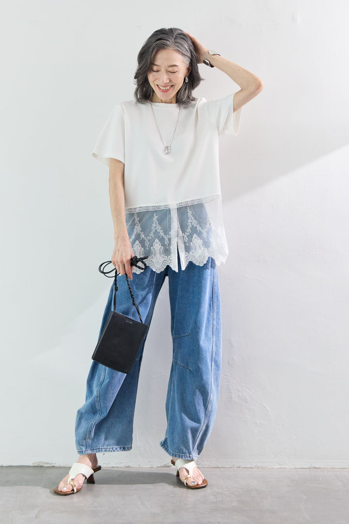 [SET]裾レース切替チュニック丈Tシャツ+パネル切替 カーブデニムパンツ(2set)