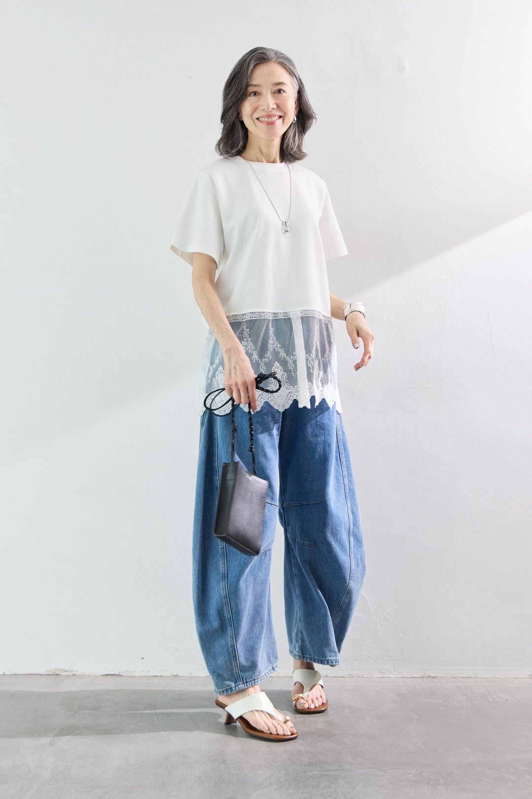 [SET]裾レース切替チュニック丈Tシャツ+パネル切替 カーブデニムパンツ(2set)