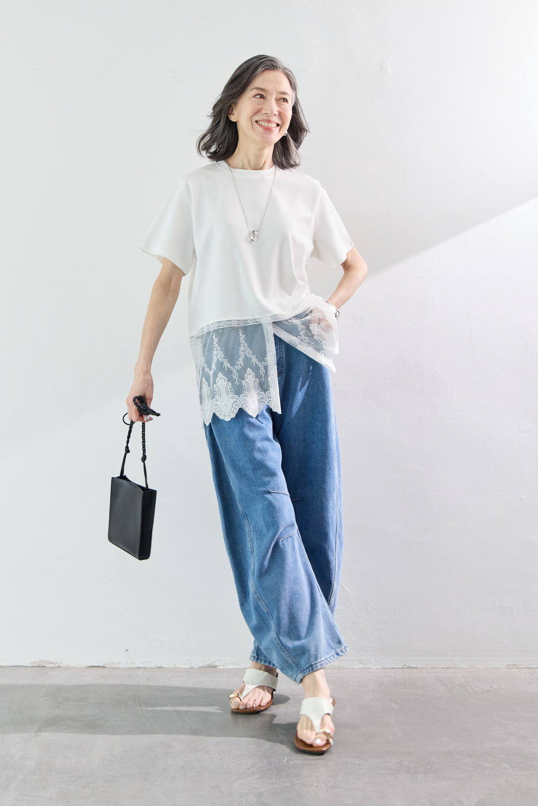 [SET]裾レース切替チュニック丈Tシャツ+パネル切替 カーブデニムパンツ(2set)