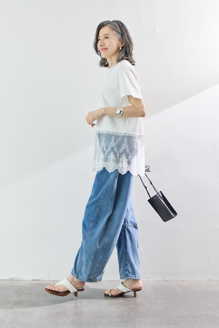 裾レース切替チュニック丈Tシャツ