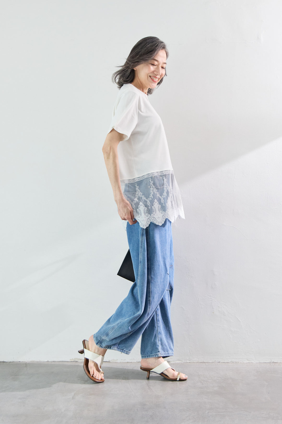 [SET]裾レース切替チュニック丈Tシャツ+パネル切替 カーブデニムパンツ(2set)