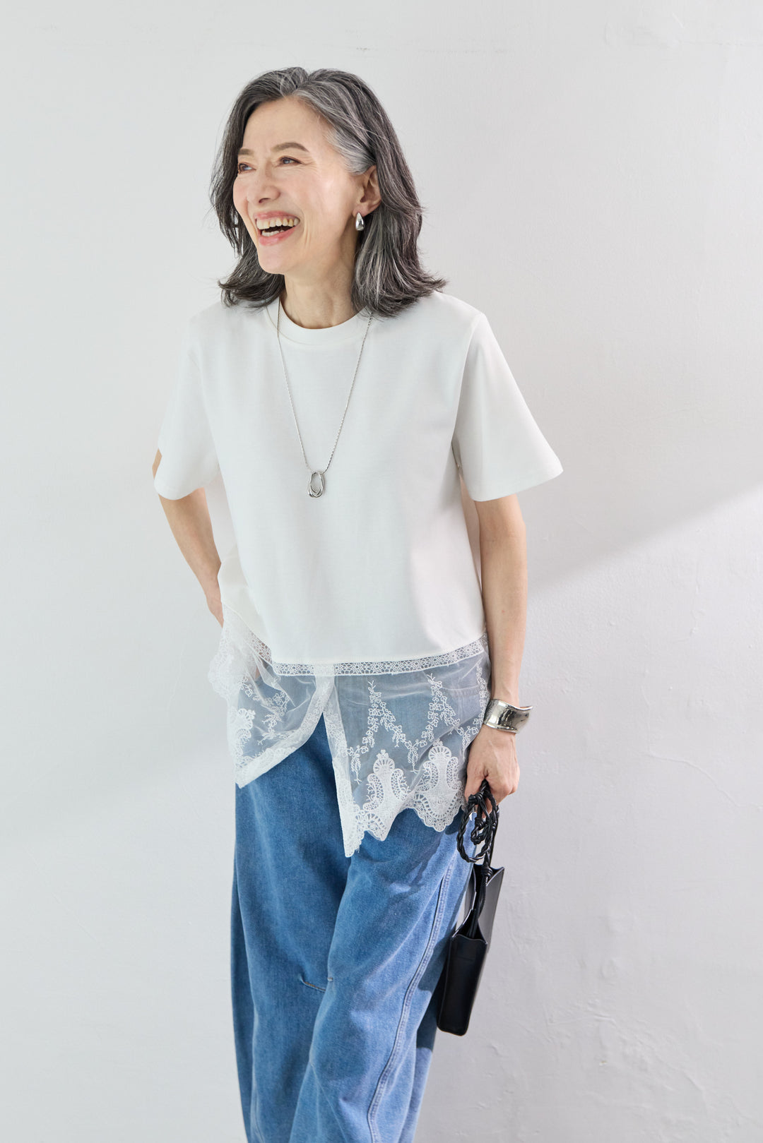 [SET]裾レース切替チュニック丈Tシャツ+パネル切替 カーブデニムパンツ(2set)