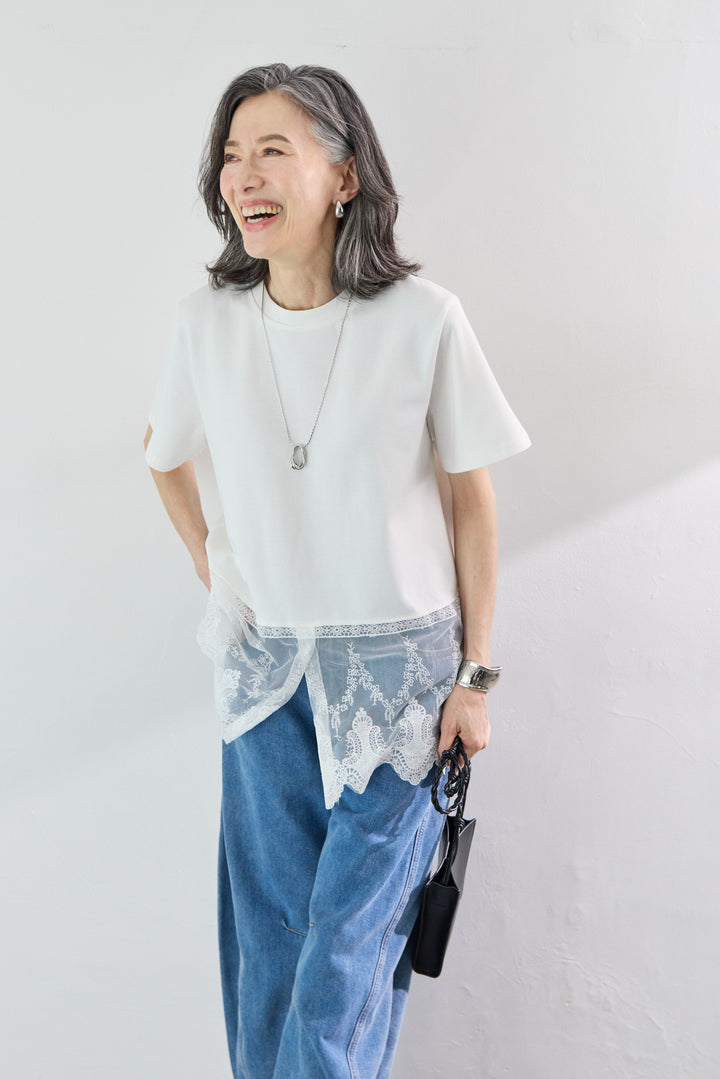 [SET]裾レース切替チュニック丈Tシャツ+パネル切替 カーブデニムパンツ(2set)