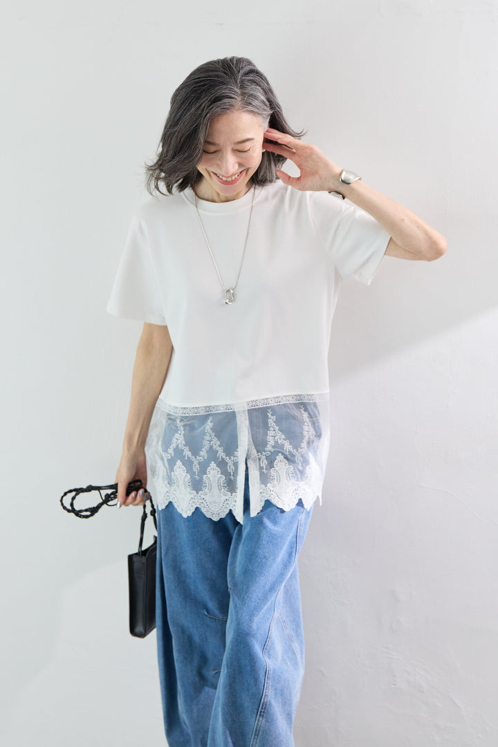 裾レース切替チュニック丈Tシャツ