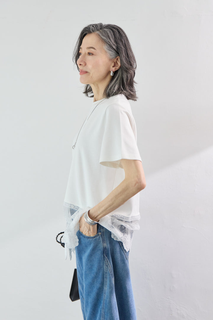 [SET]裾レース切替チュニック丈Tシャツ+パネル切替 カーブデニムパンツ(2set)